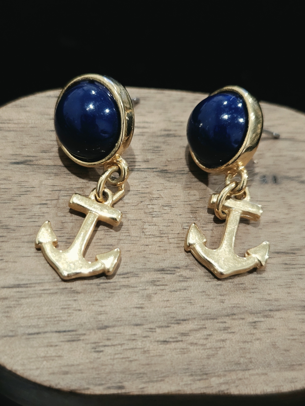 Vintage JG Hook Preppy Navy Blue Stone Anchor Drop Earrings - Gold Tone